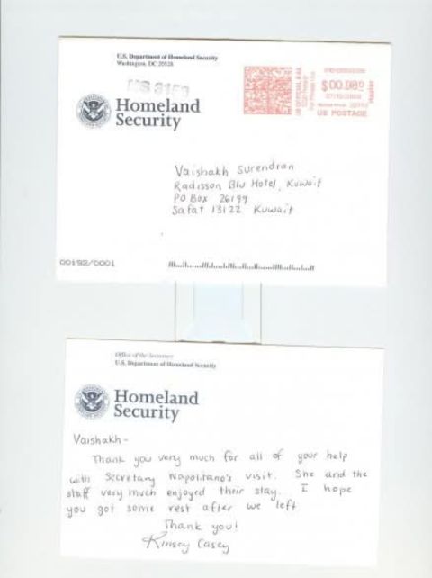 US Department of Homeland Security letter of appreciation