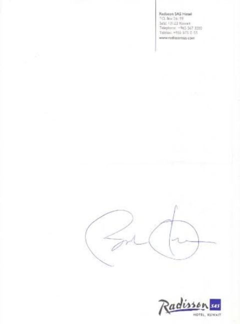 Autograph on Radisson SAS Hotel Kuwait letterhead
