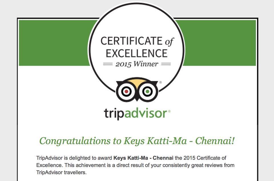 TripAdvisor Certificate of Excellence 2015 — Keys Katti-Ma Hotel Chennai